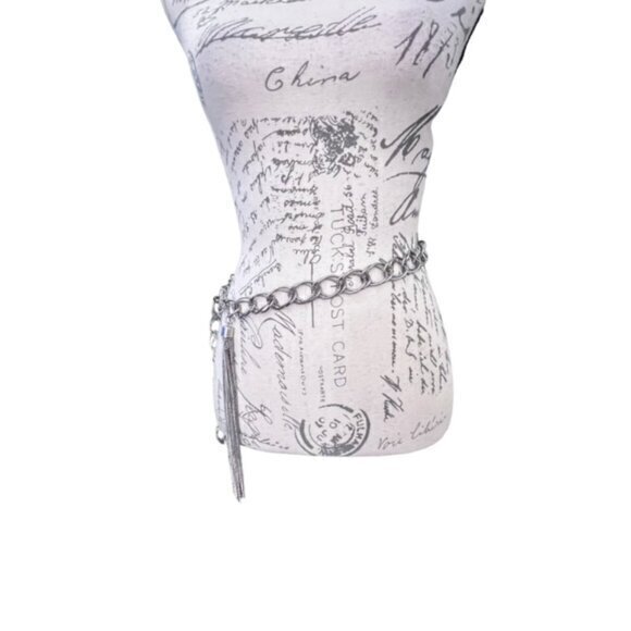 Chunky Silver Tone Double Chain Belt Up to 38" Tassel Biker BOHO Rock PUNK - Picture 3 of 7